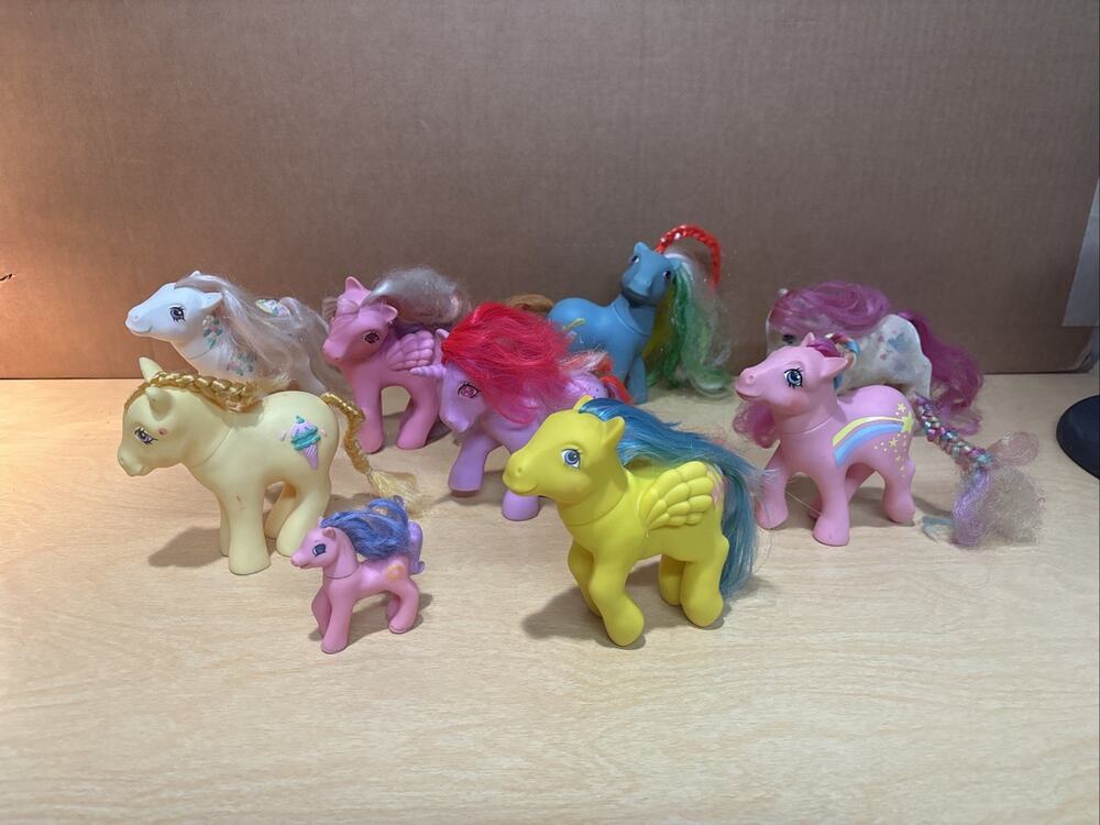 Lot Of 7 Vintage 1980s My Little Pony Toys, G1 - Unicorn Pegasus Baby Flocked